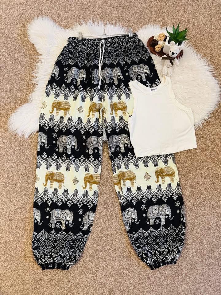 women's Sumer outfir set of 2 pcs Tank top and Elephants printed pants