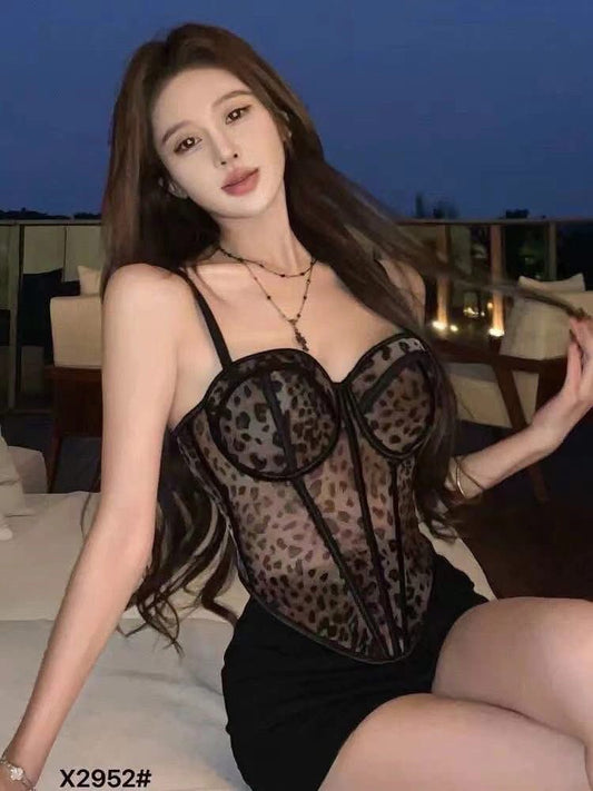 Women's Sexy Irregular Push Up Boned Corset Leopard Crop tops